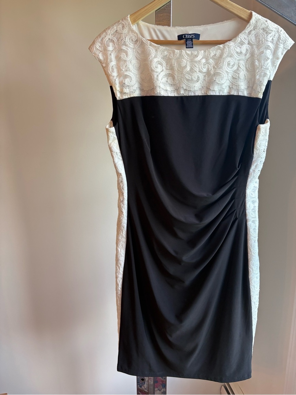 Chaps Black and White Lace-Trim Sheath Dress with Side Ruching